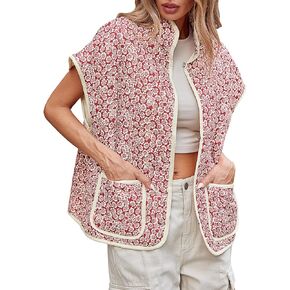 Tankaneo Womens Trendy Quilted Vests Outerwear Lightweight Floral Print Gilet Oversized Sleeveless Coats Jackets