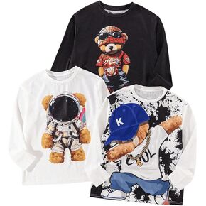 GORGLITTER Boy's 3 Pieces Set Graphic Print Long Sleeve T-Shirt Crew Neck T-Shirt Streetwear