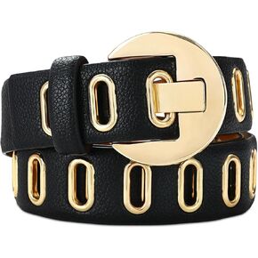 Black Grommet Belt for Women Black Leather Belt Gold Buckle Stylish and Versatile Accessory for Jeans and Skirts