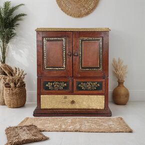 Wooden Antique Desk Drawer Cabinet Cupboard Handicrafted Bedside with Brass Accents - Elegant Storage Solution (42x23x50 cm)