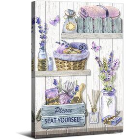 Purple Bathroom Wall Decor Lavender Flower Pictures Bathroom Wall Art Rustic Farmhouse Funny Please Seat Yourself Canvas Prints Floral Painting Country Artwork Restroom Toilet Home Decorations 12x16"