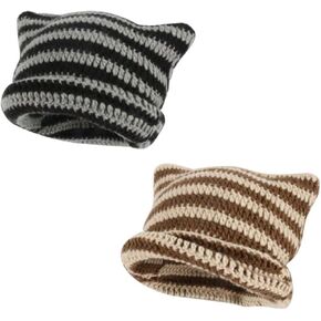 HomeSoGood 2pcs Crochet Hats Japanese Beanie Hat Unisex Knitted Wool Cap Autumn Winter Cute Cat Ears Pointed Pullover Striped(One Size,Mix Color)