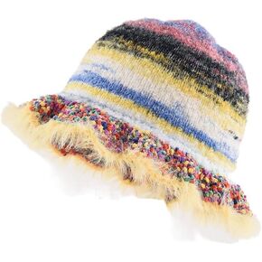 Colorful Knitted Hat,Knitted Beanies Cap Boho Knitting Bucket Hats,Crochet Bucket Hat, Striped Knitted Hat Winter Warm Beanie