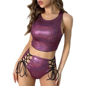 SANQIANG Women Rave Holographic Bodysuit Mini Two Piece Hologram Metallic for Dance Party Clubwear EDM Festival
