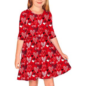 Valentine's Day Midi Dress for Kid Girl Sweet Love 3/4 Sleeve Tshirt Dresses Red Heart Family Flare Dresses 13-14 Years
