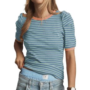 Women's Striped Puff Shirt Short Sleeve Crewneck Blouse Casual Knit Ribbed Tops