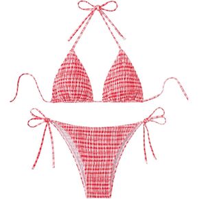 WDIRARA Women's Plaid Smocked Halter Swimsuit Tie Side 2 Piece Triangle Bikini Set Bathing Suit