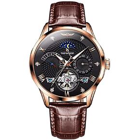 Automatic Men's Watches Luxury Chronograph Top Grain Genuine Leather Band, Japanese Automatic Movement (Gold)