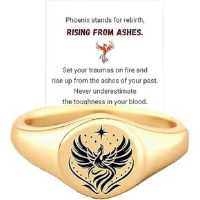 Rise From Ashes Phoenix Signet Ring For Women, 14k gold plated stainless steel frame with personalized inspirational Gift Jewelry