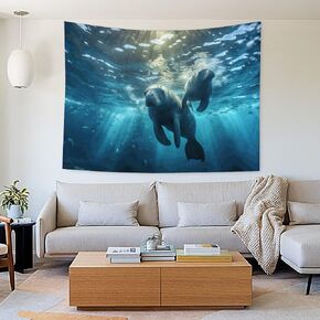 Buyidec Florida Manatee Mother And Baby Tapestry Wall Hanging Art Deco Tapestries for Bedroom Living Room Dorm