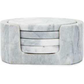 Fox Run Natural Polished Marble Stone, 4 Coasters With Holder, White