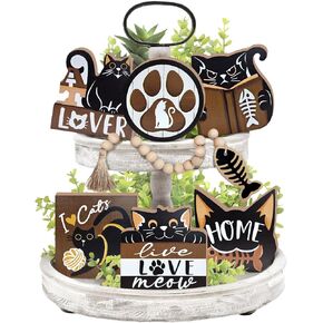 Black Cat Tiered Tray Decor, Love Pet Kitten Paw Tray Decorations Set, Live Love Meow Book Stack Wooden Signs, Farmhouse Rustic Home Decor Cat Lover Gifts for Table Shelf Mantel Party