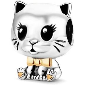 Women Cute Kitten Charm Compatible with Pandora Bracelets Gold Bowtie Silver Kitty Cat Bead Mom Daughter Granddaughter Auntie Anniversary Birthday