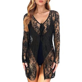 HYPERFIRE Women's Beach Cover Ups Kiomono Cardigan Tie Front Long Sleeve Swimsuit Coverups