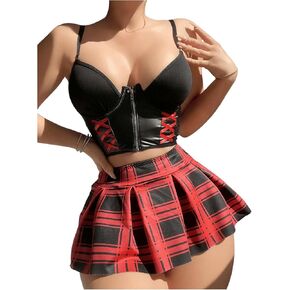 SHENHE Women's 3 Piece Costumes Lingerie Leather Zip Up Cami Bralette Thong and Plaid Mini Skirt
