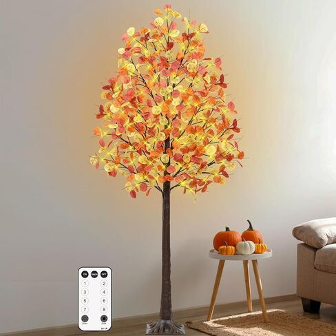 شجرة سقوط بطول 4 أقدام مع أضواء، 60 مصباح LED صناعي تضيء شجرة الأوكالبتوس مع 180 ورقة، 8 أوضاع وامضة، توقيت، قابلة للتعتيم للأماكن الداخلية والخارجية وحصاد الخريف وديكور عيد الشكر لعيد الهالوين in Kuwait