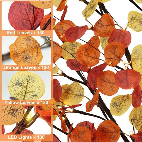 شجرة سقوط بطول 4 أقدام مع أضواء، 60 مصباح LED صناعي تضيء شجرة الأوكالبتوس مع 180 ورقة، 8 أوضاع وامضة، توقيت، قابلة للتعتيم للأماكن الداخلية والخارجية وحصاد الخريف وديكور عيد الشكر لعيد الهالوين in Kuwait