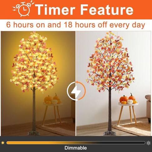 شجرة سقوط بطول 4 أقدام مع أضواء، 60 مصباح LED صناعي تضيء شجرة الأوكالبتوس مع 180 ورقة، 8 أوضاع وامضة، توقيت، قابلة للتعتيم للأماكن الداخلية والخارجية وحصاد الخريف وديكور عيد الشكر لعيد الهالوين in Kuwait