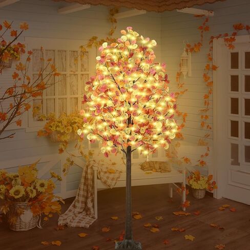 شجرة سقوط بطول 4 أقدام مع أضواء، 60 مصباح LED صناعي تضيء شجرة الأوكالبتوس مع 180 ورقة، 8 أوضاع وامضة، توقيت، قابلة للتعتيم للأماكن الداخلية والخارجية وحصاد الخريف وديكور عيد الشكر لعيد الهالوين in Kuwait