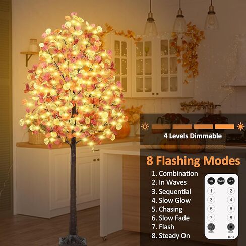 شجرة سقوط بطول 4 أقدام مع أضواء، 60 مصباح LED صناعي تضيء شجرة الأوكالبتوس مع 180 ورقة، 8 أوضاع وامضة، توقيت، قابلة للتعتيم للأماكن الداخلية والخارجية وحصاد الخريف وديكور عيد الشكر لعيد الهالوين in Kuwait