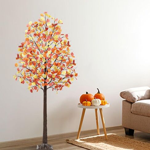 شجرة سقوط بطول 4 أقدام مع أضواء، 60 مصباح LED صناعي تضيء شجرة الأوكالبتوس مع 180 ورقة، 8 أوضاع وامضة، توقيت، قابلة للتعتيم للأماكن الداخلية والخارجية وحصاد الخريف وديكور عيد الشكر لعيد الهالوين in Kuwait