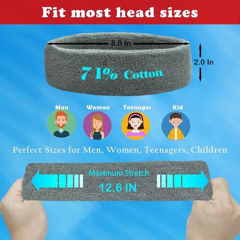عصابات رأس رياضية للرجال والنساء - عبوة من 3 عصابات رأس من قماش تيري الماص للرطوبة للتنس وكرة السلة والجري وصالة الألعاب الرياضية - عصابة رأس من القطن in Kuwait