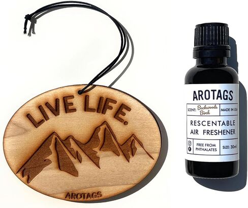 Arotags Wooden Car Air Fresheners - Long Lasting Backwoods Birch Scent Diffuses for 365+ Days - Includes Mountain Adventurer Hanging Mirror Diffuser and Fragrance Oil - 100% American Made in Kuwait