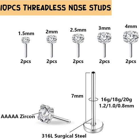 PunkTracker 20G 18G 16G Threadless Push in Nose Rings Studs Surgical Steel Nose Stud 1.5mm 2mm 2.5mm 3mm 4mm Cubic Zircon Nose Piercing Jewelry for Women Men in Kuwait