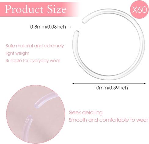 60 Pcs Clear Nose Rings Hoop 20 Gauge Plastic Hoop Ear Retainers Clear Piercing Retainer Plastic Septum Ring for Surgery Flexible Ear Nose Septum Lip Eyebrow Clear Earrings for Sports for Surgery in Saudi Arabia