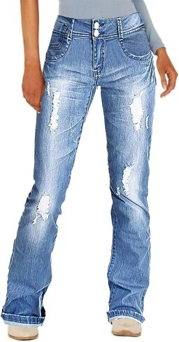 Flamingals Women's Bootcut Jeans Double Button Ripped Stitch Detail Mid Waisted Denim Jeans in Saudi Arabia