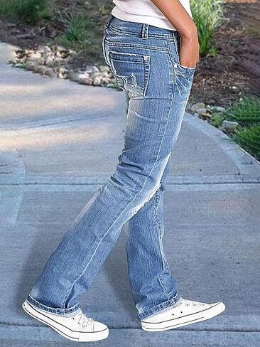 Flamingals Women's Bootcut Jeans Double Button Ripped Stitch Detail Mid Waisted Denim Jeans in Saudi Arabia