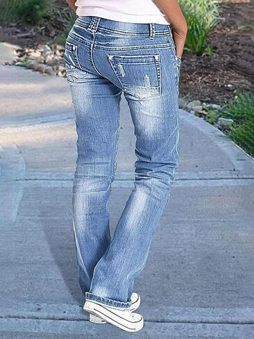 Flamingals Women's Bootcut Jeans Double Button Ripped Stitch Detail Mid Waisted Denim Jeans in Saudi Arabia