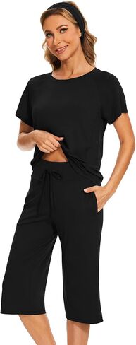 Bamboo Viscose Capri Pajamas for Women Set Short Sleeve Sleepwear with Matching Headband in Saudi Arabia