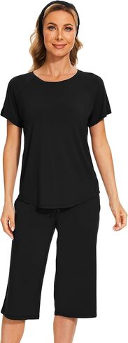 Bamboo Viscose Capri Pajamas for Women Set Short Sleeve Sleepwear with Matching Headband in Saudi Arabia