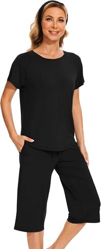 Bamboo Viscose Capri Pajamas for Women Set Short Sleeve Sleepwear with Matching Headband in Saudi Arabia