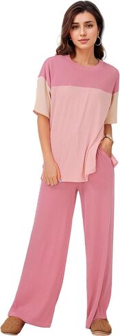 Women's Pajama Sets Casual Color Block Knit Lounge Set 2 Piece Crew Neck Loungewear Outfits with Pocket in Saudi Arabia
