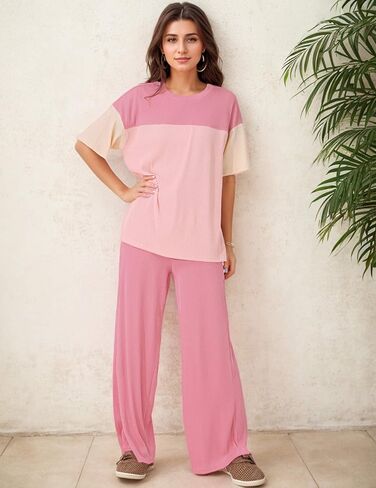 Women's Pajama Sets Casual Color Block Knit Lounge Set 2 Piece Crew Neck Loungewear Outfits with Pocket in Saudi Arabia