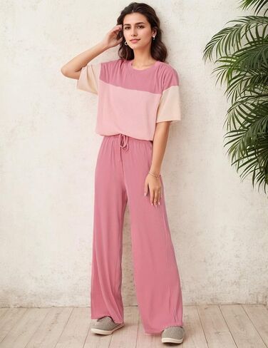 Women's Pajama Sets Casual Color Block Knit Lounge Set 2 Piece Crew Neck Loungewear Outfits with Pocket in Saudi Arabia