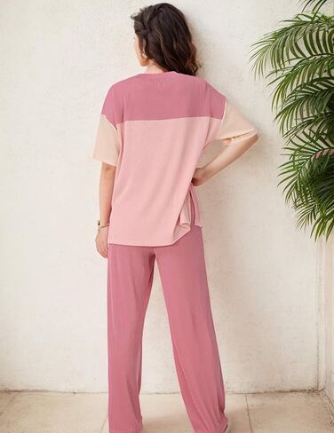 Women's Pajama Sets Casual Color Block Knit Lounge Set 2 Piece Crew Neck Loungewear Outfits with Pocket in Saudi Arabia