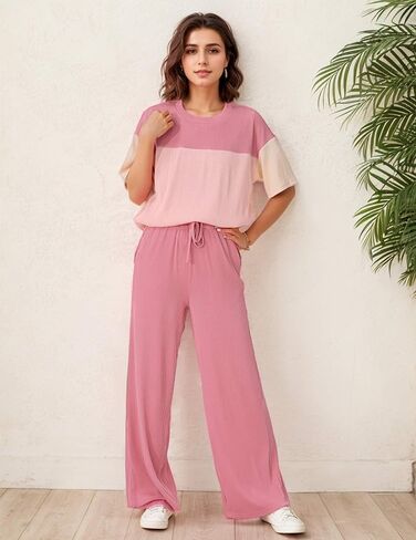 Women's Pajama Sets Casual Color Block Knit Lounge Set 2 Piece Crew Neck Loungewear Outfits with Pocket in Saudi Arabia