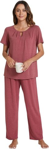POKWAI Women Pajamas Sets Short Sleeve Tops and Pants Pajama Set Soft Comfy Sleepwear Pjs in Saudi Arabia