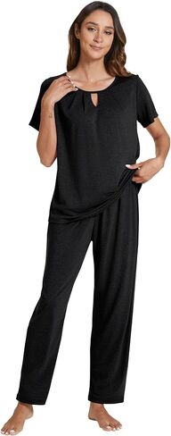 POKWAI طقم بيجامات نسائي بأكمام قصيرة وبلوزات وسراويل بيجامة طقم ملابس نوم ناعمة ومريحة Pjs in Kuwait