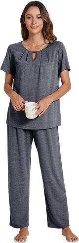 POKWAI Women Pajamas Sets Short Sleeve Tops and Pants Pajama Set Soft Comfy Sleepwear Pjs in Saudi Arabia