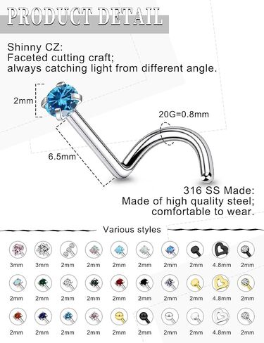 Hypoallergenic 18G 20G Nose Rings Studs for Women Men Surgical Stainless Steel Nose Piercings Jewelry Straight L Shaped Corkscrew Nose Rings Cubic Zirconia Opal Heart Nose bone Studs Jewelry in Kuwait