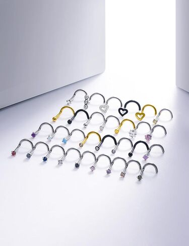 Hypoallergenic 18G 20G Nose Rings Studs for Women Men Surgical Stainless Steel Nose Piercings Jewelry Straight L Shaped Corkscrew Nose Rings Cubic Zirconia Opal Heart Nose bone Studs Jewelry in Kuwait