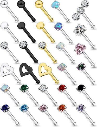 Hypoallergenic 18G 20G Nose Rings Studs for Women Men Surgical Stainless Steel Nose Piercings Jewelry Straight L Shaped Corkscrew Nose Rings Cubic Zirconia Opal Heart Nose bone Studs Jewelry in Kuwait