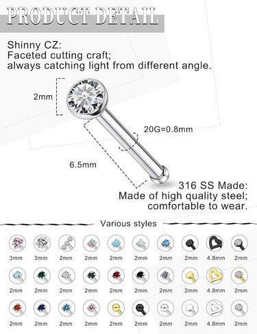 Hypoallergenic 18G 20G Nose Rings Studs for Women Men Surgical Stainless Steel Nose Piercings Jewelry Straight L Shaped Corkscrew Nose Rings Cubic Zirconia Opal Heart Nose bone Studs Jewelry in Kuwait