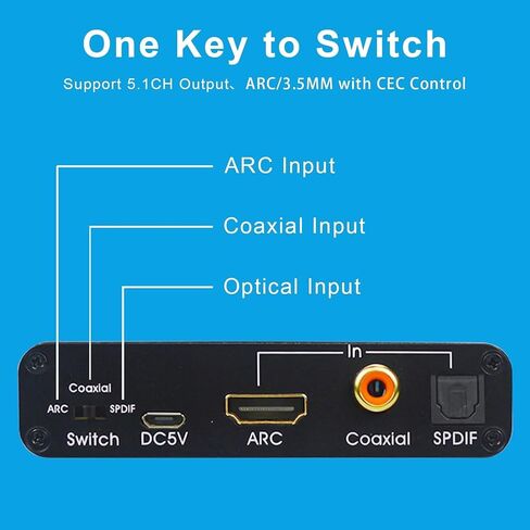 HDMI ARC Audio Extractor Support HDMI ARC to Optical SPDIF 3.5mm AUX Jack | HDMI ARC to Optical Coaxial RCA 3.5mm Audio Adapter Splitter for HDTV Soundbar Speaker Amplifier with Cable in Saudi Arabia