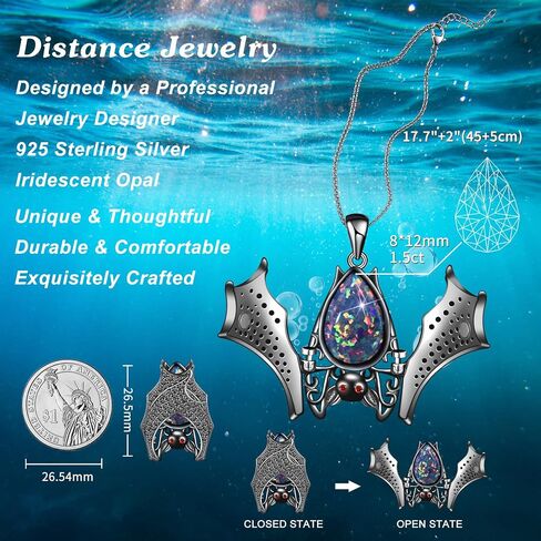 Distance Halloween Gifts Bat Necklace for Women, Opal Birthstone Pendant 925 Sterling Silver Necklace, Birthday Christmas Jewelry Gifts for Women/Wife/Girlfriend in Saudi Arabia