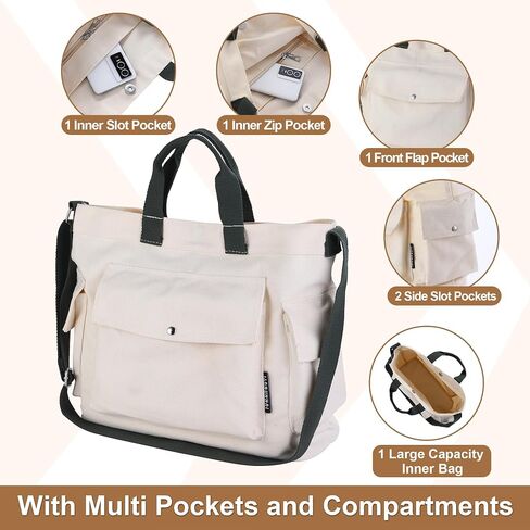Canvas Tote Bag for Women with Multi Pockets Small Crossbody Shoulder Purse Handbag for Shopping Travel and Work (Small-Black) in Saudi Arabia